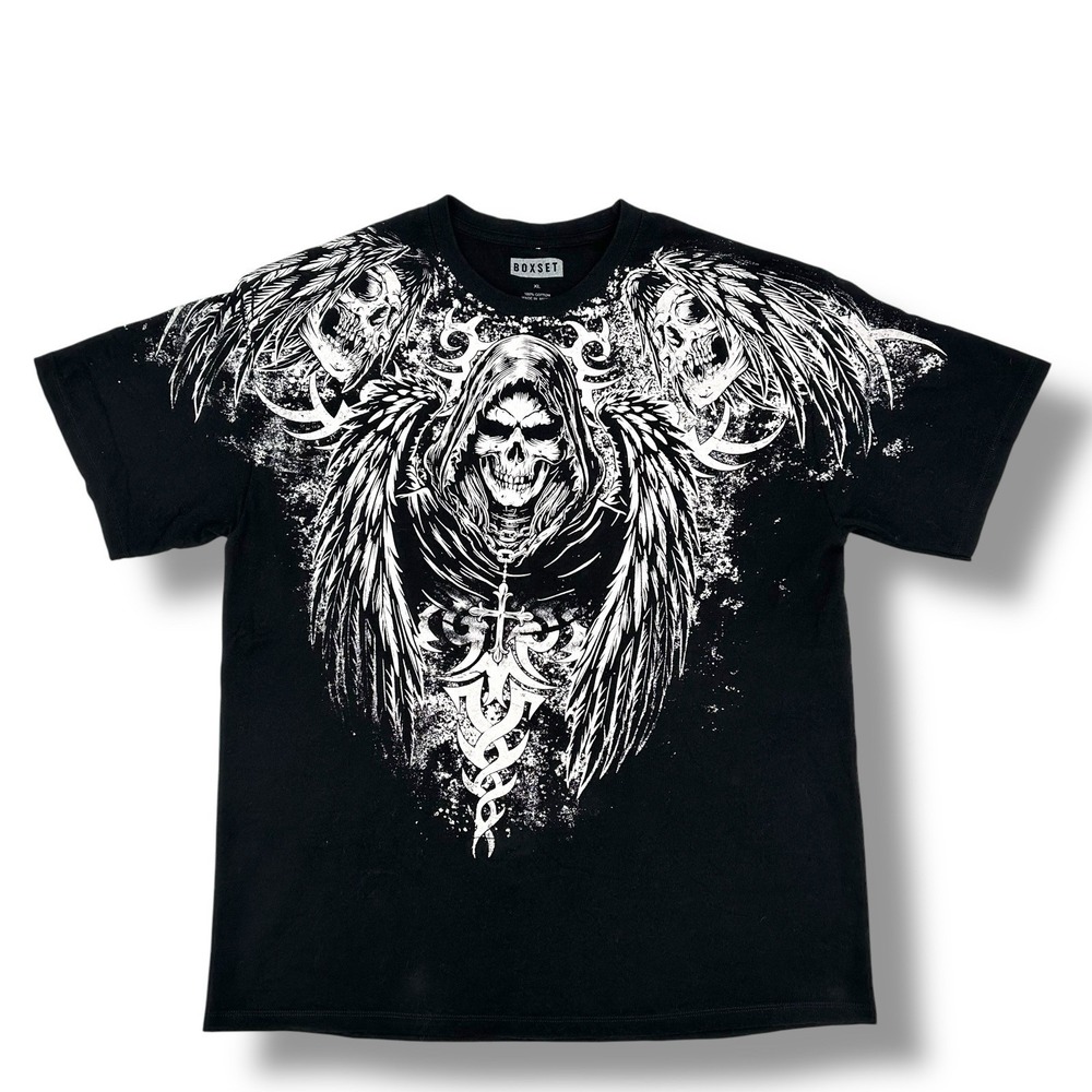 BOXSET Men's Black Skull Grim Reaper Graphic Tee XL Y2K Gothic Biker Streetwear